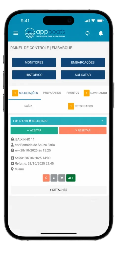 Painel do AppBoats no celular