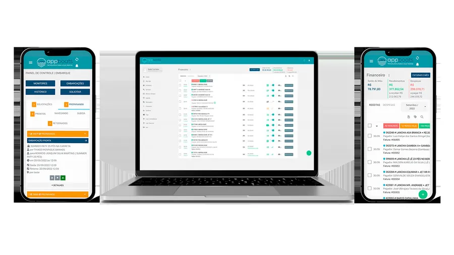 AppBoats no painel administrativo e nos celulares da equipe e do cliente