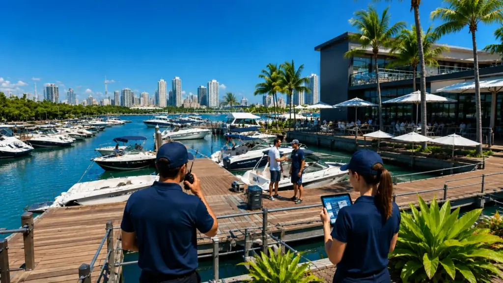 Equipe de marina acompanhando a operação do píer pelo tablet e pelo rádio